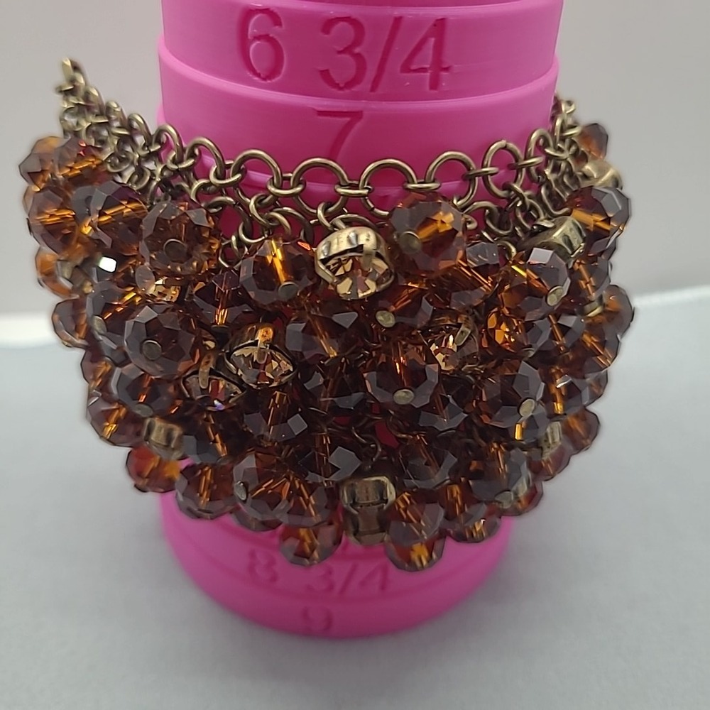 Vintage Bracelet Amber Acrylic Bead Bronze Mesh Toggle Clasp Statement Cuff